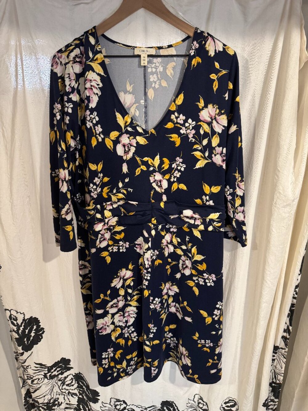 COMO BLU Women | Navy and Gold Women's Floral Dress | Size 1X